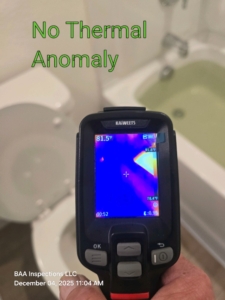 Thermal imaging scan performed by BAA Inspections during a new construction home inspection showing no moisture or thermal anomalies.