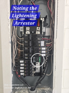 New construction home electrical panel inspected by BAA Inspections showing lightning surge arrestor installation in Central Florida.