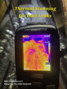 Thermal imaging scan checking HVAC ductwork for leaks during a new-construction home inspection in Central Florida by BAA Inspections.