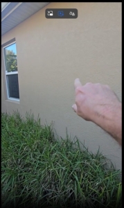 Inspector pointing at exterior wall recommending proper vegetation clearance from the home.